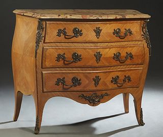 French Ormolu Mounted Inlaid Carved Cherry Louis XV Style Marble Top Commode, late 19th c., the rounded edge and corner Breche d'Alpes ocher bowfront 