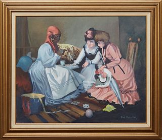Dick Malanowski (New Orleans), "Ladies Playing at Cards," 20th c., oil on canvas, signed lower right, presented in a gilt frame, H.- 23 1/2 in., W.- 2