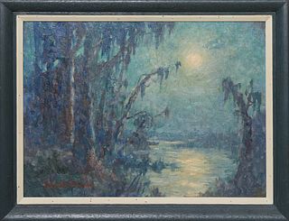 Knute Heldner (1875-1952, Louisiana), "Moonlight Swamp Scene," 20th c., oil on canvas, signed lower left, presented in a blue painted frame, H.- 17 1/