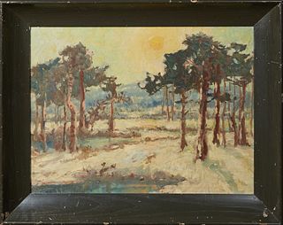 Knute Heldner (1875-1952, Louisiana), "Pine Forrest," 20th c., oil on canvas, unsigned, presented in a painted wood frame, H.- 17 1/2 in., W.- 23 1/2 