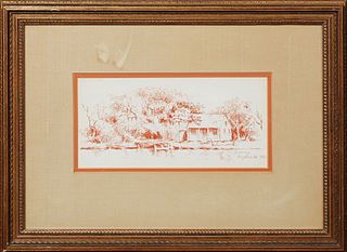 Burny Myrick (20th c., Louisiana), "House Along the Louisiana Bayou," 1966, red charcoal on paper, signed and dated lower right, presented in a gilt f