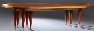 Unusual Contemporary Brass Inlaid Banded Mahogany Dining Table, 20th c., the oval sloping reeded edge top on a pierced brass oval support, with five b