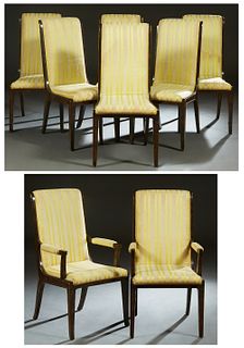 Set of Eight (6 +2) Amboyna Burled Wood Dining Chairs, 20th c., by Mastercraft, the high scrolled back over a scrolled seat, on tapered square saber l
