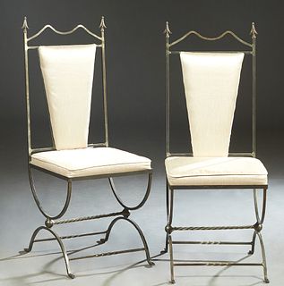 Pair of Contemporary Medieval Style Iron Side Chairs, 20th c., the canted iron back with spear finials, flanking a triangular white silk upholstered b