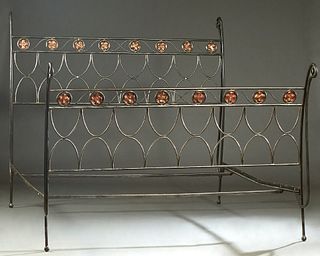 Contemporary Iron and Copper King Size Bed, 20th c., the arched headboard with a frieze of copper relief flowers, over double arched demilunes, with i