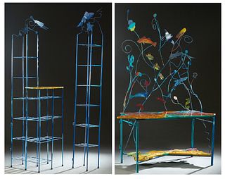 Luis Colemnares (1959-, New Orleans), "Sealife Two Tier Desk," 2013, mixed media and iron, the two tier desk with painted scenes of undersea life, fla