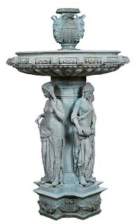 Large Patinated Bronze Fountain Figure of the Four Seasons, 20th c., the top with four relief heads of Pan issuing water, over a large bowl with lions