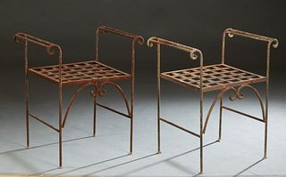 Pair of Wrought Iron Strapwork Benches, 20th/21st c., the curved arms over latticed seats, on cylindrical legs and arched stretchers, H.- 27 1/2 in., 