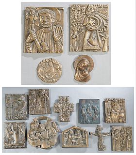 Group of Fourteen German Patinated Bronze Relief Plaques, 20th c., two of the three kings; one of St. Genovefa; one a manger scene of the birth of Jes