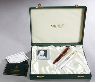 Conway Stewart, "Churchill" 20th c., limited edition burgundy ball point pen, #68/500, and a cased cigar along with a pamphlet about Churchill, presen