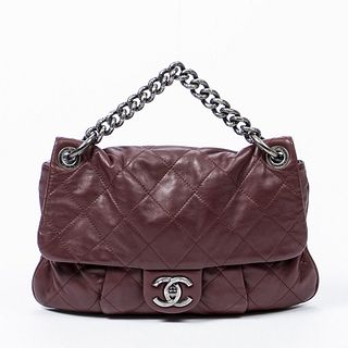 Chanel Coco Pleats Shoulder Bag, in burgundy quilted calf leather with aged silver hardware, opening to a baby blue lined silk interior with one zip c