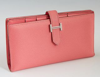 Hermes Bearn Wallet, c. 2016, in rose confetti epsom calf leather with silver hardware, opening to matching leather interior with five card slots, two