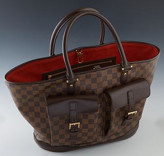 Louis Vuitton Manosque GM Shoulder Bag, in Damier Ebene brown coated canvas with golden brass hardware, opening to an orange suede lined interior with