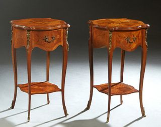 Pair of French Louis XV Style Ormolu Mounted Marquetry Inlaid Mahogany Nightstands, early 20th c., the stepped floral inlaid circular tortoise top ove