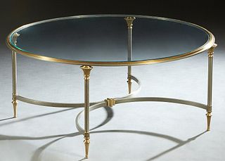 Contemporary Brass and Iron Glass Top Coffee Table, 20th c., the circular glass, on tapered brass and iron legs, joined by demilune iron stretchers, H