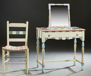 Three Pieces of American Whimsical Polychromed Decorated Furniture, 20th c., consisting of a writing table, chair, and easel mirror, the table with a 