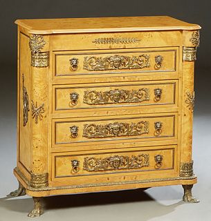 English Style Ormolu Mounted Burled Walnut Commode, 20th c., the cookie corner stepped edge top over four drawers flanked by turned columns, on a plin