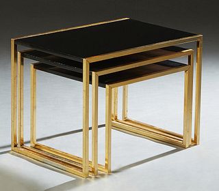 Nest of Three Brass Plated Iron and Walnut Tables, mid 20th c, with ebonized tops, Largest- H.- 16 in., W.- 21 1/2 in., D.- 15 1/8 in. (3 Pcs.)