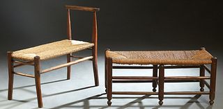 Two French Provincial Carved Beech Rushseat Benches, early 20th c., one on turned legs joined by stretchers; the second with a back on one end over a 