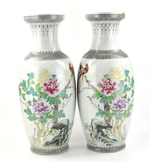 Pair of Large Famille Rose Vase"Bird&Flower",1950s