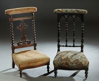Two French Carved Walnut Prie Dieus, c. 1880, one with an upholstered arm rest over a cruciform back splat, flanked by rope twist supports, to a bowed