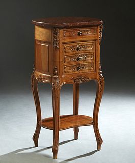 French Louis XV Style Carved Walnut Marble Top Nightstand, 20th c., the kidney shaped ogee edge highly figured rouge marble over a concave frieze draw