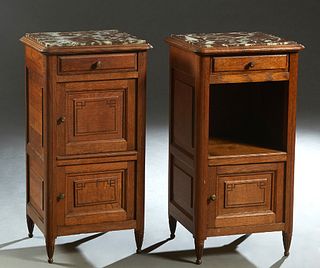 Pair of French Art Deco Parquetry Inlaid Oak Marble Top Nightstands, 20th c., the inset highly figured brown marble over a fielded panel frieze drawer