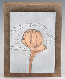 Charles Pebworth (1926-2019, American/Texas), "Untitled Abstract," 20th c., brushed aluminum and copper on wood, signed middle lower right, H.- 8 in.,