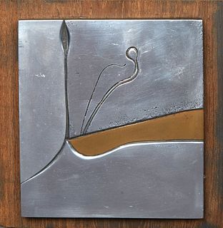 Charles Pebworth (1926-2019, American/Texas), "Untitled Abstract," 20th c., brushed aluminum and brass, mounted on a wood base, signed middle lower ri