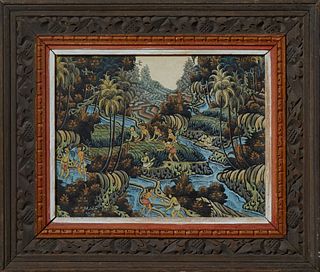 Biklayal B.K., "Bali," 20th c., acrylic on canvas, signed lower left, presented in a wood frame, H.- 9 1/8 in., W.- 12 in., Framed H.- 15 1/2 in., W.-