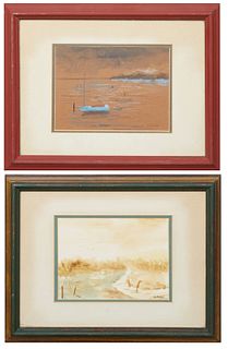 G. Cohen (American), "Small Sailboat Docked by the Shore," and "A Meadow with Birds," 20th c., two watercolors on paper, both signed lower right, each