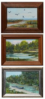 Lola Roos (New Orleans), "Point Chicot," "Boge Falaya," and "Louisiana Bayou," 20th c., three miniature acrylics on canvas board, two signed lower rig