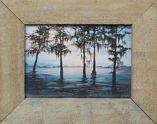Rita de Buys (Louisiana), "Miniature Louisiana Cypress Swamp," 20th c., acrylic on canvas board, signed lower right, presented in a wood frame, H.- 4 