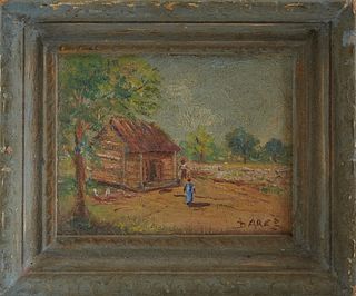 Darke, "Miniature Southern Scene," 20th c., oil on cardboard, signed lower right, presented in a painted wood frame, H.- 3 1/4 in., W.- 4 1/8 in.