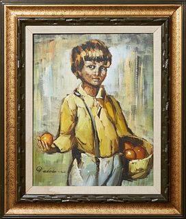 Golden, "Boy in a Yellow Shirt with Apples," 21st c., oil on canvas, signed lower left, presented in a gilt frame, H.- 19 1/2 in., W.- 15 1/2 in., Fra