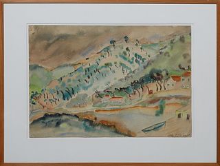 Betty B. Parsons (1900-1982, American), "Mountain Landscape with Homes," 20th c., watercolor on paper, presented in a wood frame, H.- 13 3/4 in., W.- 