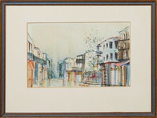 New Orleans School, "French Quarter Scene," 21st c., watercolor on paper, signed indistinctly lower middle, presented in a wood frame, H.- 7 in., 