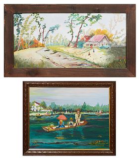 Elaine Forstall (1930-, New Orleans), "Boating on a Southern Lake," 20th c., oil on canvas, signed lower right, presented in a carved wooden frame wit