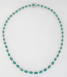 Platinum Link Necklace, each of the forty-nine oval links with a graduated oval faceted emerald atop a border of tiny round diamonds, total emerald wt