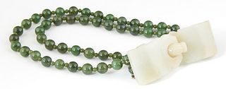 Chinese Jade Choker, early 20th c., consisting of two strands of 10mm green jade beads, and a nephrite jade dragon carved buckle/clasp, H.- 1 1/4 in.,
