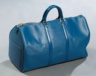 Louis Vuitton Keepall 50 Travel Duffle Bag, in blue Epi calf leather with golden brass hardware, opening to a seafoam green suede lined interior, the 