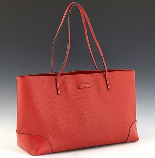 Gucci Tote Bag, in red coral Diamante coated canvas with gold hardware, opening to a hard brown canvas lined interior with one side zip closure pocket