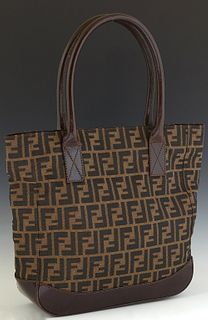 Fendi Shopping Tote, in dark brown monogram zucca canvas and dark brown leather accents with silver hardware, the magnetic closure opening to a dark b