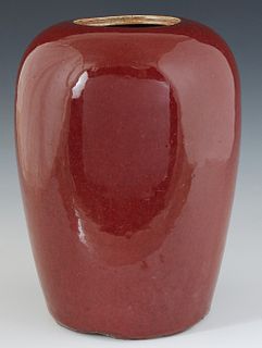 Chinese Oxblood Baluster Earthenware Jar, of tapered form, now lacking the lid, H.- 11 in., Dia.- 8 in.