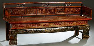 Chinese Carved Hardwood Paneled Long Bench, 19th c., the canted pierced stepped crest rail over landscape and figural carved panels, and square arms, 
