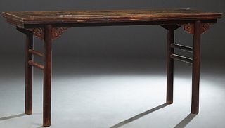 Chinese Carved Elm Calligraphy Table, 19th c., the rectangular top on cylindrical legs with pierced scrolled bracket supports, H.- 34 1/2 in., W.- 71i