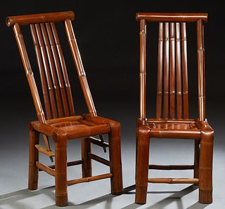 Pair of Chinese Bamboo Side Chairs, 20th c., each with tubular crestrails above four vertical back splats over a split bamboo seat on tubular legs joi