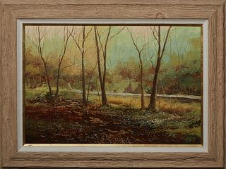 Thomas Dedecer (American), "Autumn Wood, Crow People," 20th c., oil on canvas, signed lower left, presented in a rustic wooden frame, with an "El Prad