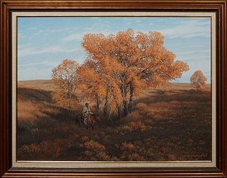 Tom E. Scarborough (American), "Arapahoe Hunter," 20th c., oil on canvas, signed lower right, titled en verso, presented in a gold painted wooden fram