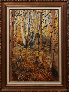 Tom E. Scarborough (1970-, American), "Waiting in the Aspens," 20th c., oil on canvas, signed lower right, titled en verso, presented in a gilt frame,